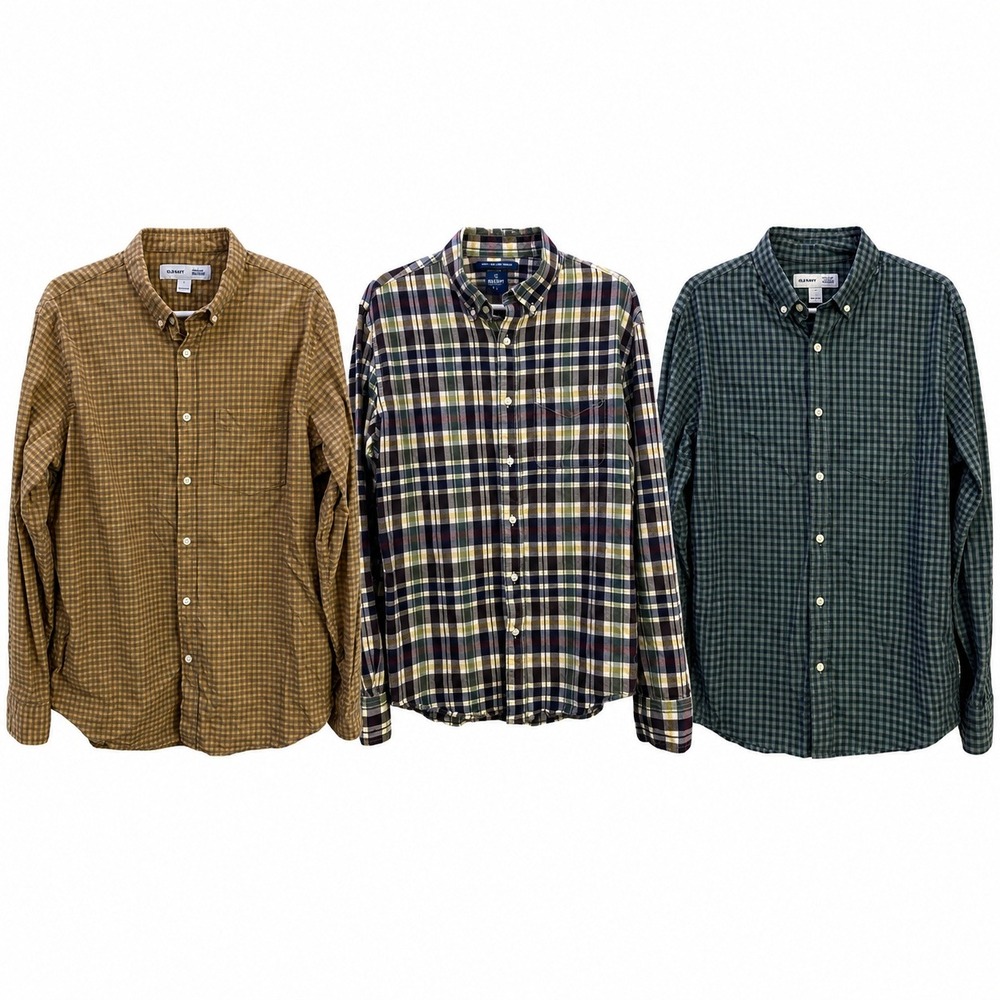 Old Navy Lot of 3 Shirt Mens Large Regular Slim Long Sleeve Gingham Plaid EUC